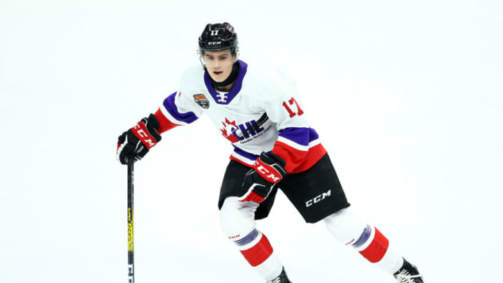 HAMILTON, ON - JANUARY 16: Ridly Greig #17 of Team White skates during the 2020 CHL/NHL Top Prospects Game against Team Red at FirstOntario Centre on January 16, 2020 in Hamilton, Canada. (Photo by Vaughn Ridley/Getty Images)