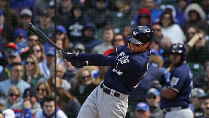 CHICAGO, IL – APRIL 27: Christian Yelich #22 of the Milwaukee Brewers bats against the Chicago Cubs at Wrigley Field on April 27, 2018 in Chicago, Illinois. The Cubs defeated the Brewers 3-2. (Photo by Jonathan Daniel/Getty Images)