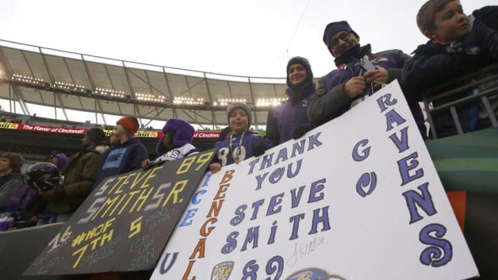Jan 1, 2017; Cincinnati, OH, USA; Fans display their signs for Baltimore Ravens receiver Steve Smith (not pictured) after the game against the Cincinnati Bengals at Paul Brown Stadium. The Cincinnati Bengals defeated the Baltimore Ravens 27-10. Mandatory Credit: David Kohl-USA TODAY Sports
