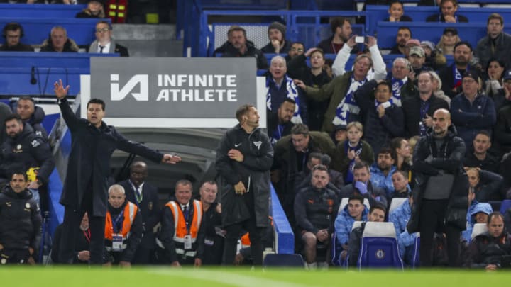 LONDON, ENGLAND - NOVEMBER 12: Head Coaches Mauricio Pochettino of Chelsea and Pep Guardiola of Manchester City during the Premier League match between Chelsea FC and Manchester City at Stamford Bridge on November 12, 2023 in London, England. (Photo by Robin Jones/Getty Images)