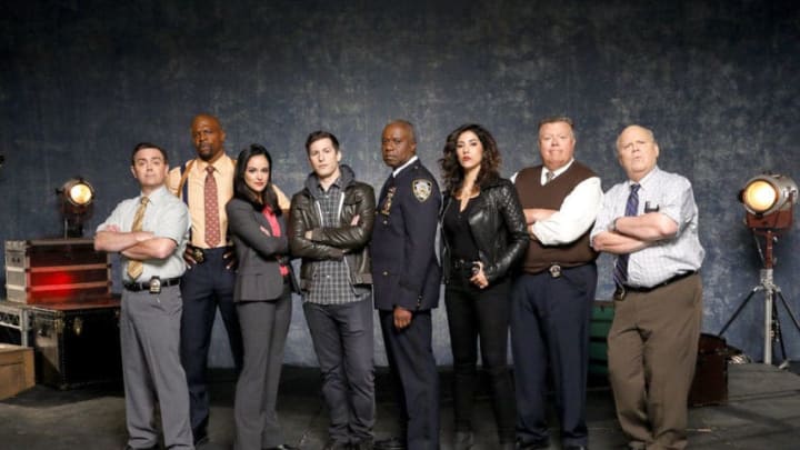 BROOKLYN NINE-NINE -- Promo -- Pictured: (l-r) Joe Lo Truglio as Charles Boyle, Terry Crews as Terry Jeffords, Melissa Fumero as Amy Santiago, Andy Samberg as Jake Peralta, Andre Braugher as Ray Holt, Stephanie Beatriz as Rosa Diaz, Joel McKinnon Miller as Scully, Dirk Blocker as Hitchcock -- (Photo by: Trae Patton/NBC)