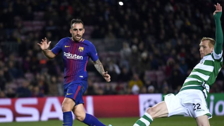 BARCELONA, SPAIN - DECEMBER 05: Paco Alcacer of Barcelona shoots and Jeremy Mathieu of Sporting Lisbon deflects it in for a own goal and Barcelona's second goal during the UEFA Champions League group D match between FC Barcelona and Sporting CP at Camp Nou on December 5, 2017 in Barcelona, Spain. (Photo by Alex Caparros/Getty Images)