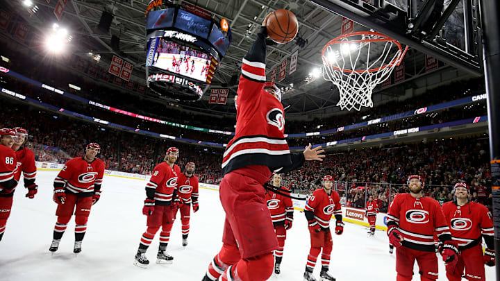 RALEIGH, NC – MARCH 23: Trevor van Riemsdyk #57 of the Carolina Hurricanes participates in the Storm Surge after defeating the Minnesota Wild during an NHL game on March 23, 2019 at PNC Arena in Raleigh, North Carolina. (Photo by Gregg Forwerck/NHLI via Getty Images)