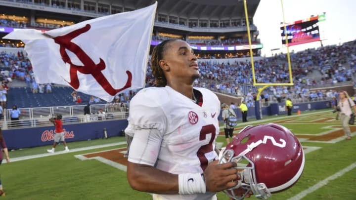 Sep 17, 2016; Oxford, MS, USA; Alabama Crimson Tide quarterback Jalen Hurts (2) stands on the field after the game against the Mississippi Rebels at Vaught-Hemingway Stadium. Alabama won 48-43. Mandatory Credit: Matt Bush-USA TODAY Sports