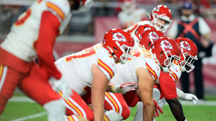 Aug 20, 2021; Glendale, Arizona, USA; The Kansas City Chiefs offensive line gets in position against the Arizona Cardinals during the second half at State Farm Stadium. Mandatory Credit: Joe Camporeale-USA TODAY Sports