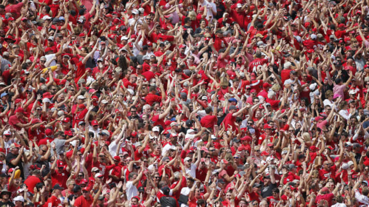 BOULDER, CO - SEPTEMBER 07: A sea of red Husker fans celebrate a Nebraska touchdown in the first half of a game between the Colorado Buffaloes and the visiting Nebraska Huskers on September 7, 2019 at Folsom Field in Boulder, CO. (Photo by Russell Lansford/Icon Sportswire via Getty Images)