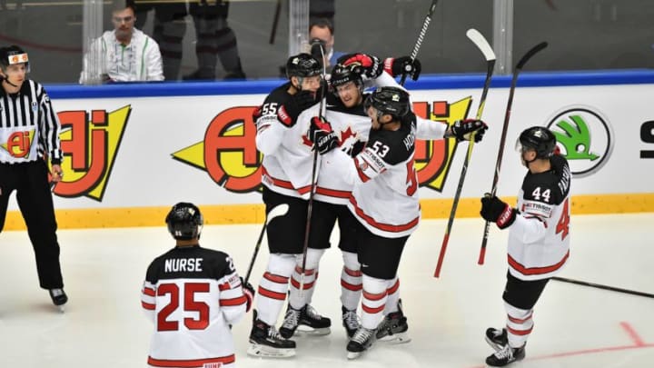 Canada’s Pierre-Luc Dubois (C) celebrates scoring with his team mates during the group B match US vs Canada of the 2018 IIHF Ice Hockey World Championship at the Jyske Bank Boxen in Herning, Denmark, on May 4, 2018. (Photo by JOE KLAMAR / AFP) (Photo credit should read JOE KLAMAR/AFP/Getty Images)