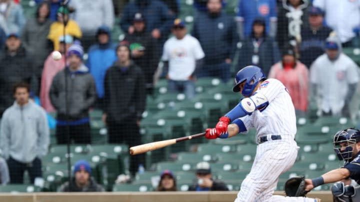 The Chicago Cubs' Willson Contreras swings for a game-winning home run in the 15th inning to beat the Milwaukee Brewers, 2-1, at Wrigley Field in Chicago on Saturday, May 11, 2019. The Cubs won, 2-1, in 15 innings. (John J. Kim/Chicago Tribune/TNS via Getty Images)