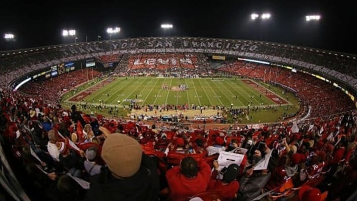 December 23, 2013; San Francisco, CA, USA; General view of a card stunt between the first and second quarter in the final regular season game at Candlestick Park between the San Francisco 49ers and the Atlanta Falcons. Mandatory Credit: Kyle Terada-USA TODAY Sports