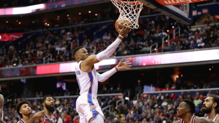 WASHINGTON, DC - NOVEMBER 02: Russell Westbrook #0 of the Oklahoma City Thunder shoots against the Washington Wizards during the first half at Capital One Arena on November 2, 2018 in Washington, DC. NOTE TO USER: User expressly acknowledges and agrees that, by downloading and or using this photograph, User is consenting to the terms and conditions of the Getty Images License Agreement. (Photo by Will Newton/Getty Images)