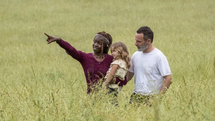 Andrew Lincoln as Rick Grimes, Danai Gurira as Michonne, Chloe Garcia as Judith – The Walking Dead _ Season 9, Episode 1 – Photo Credit: Jackson Lee Davis/AMC