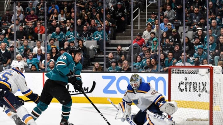 SAN JOSE, CA - MAY 11: Timo Meier #28 of the San Jose Sharks scores a goal against Jordan Binnington #50 of the St. Louis Blues in Game One of the Western Conference Final during the 2019 NHL Stanley Cup Playoffs at SAP Center on May 11, 2019 in San Jose, California (Photo by Brandon Magnus/NHLI via Getty Images)