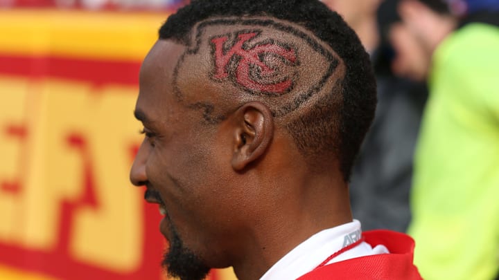 KANSAS CITY, MO – NOVEMBER 26: A fan has the Chiefs logo in his hair during a week 12 NFL game between the Buffalo Bills and Kansas City Chiefs on November 26, 2017 at Arrowhead Stadium in Kansas City, MO. The Bills won 16-10. (Photo by Scott Winters/Icon Sportswire via Getty Images)