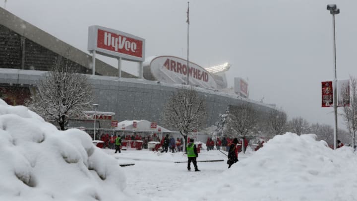 KANSAS CITY, MO - JANUARY 12: A wide view outside of Arrowhead stadium in the snow before an AFC Divisional Round playoff game game between the Indianapolis Colts and Kansas City Chiefs on January 12, 2019 in Kansas City, MO. (Photo by Scott Winters/Icon Sportswire via Getty Images)