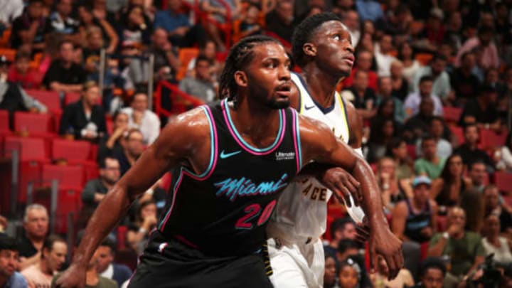 MIAMI, FL – NOVEMBER 9: Justise Winslow #20 of the Miami Heat boxes out Victor Oladipo #4 of the Indiana Pacers on November 9, 2018 at American Airlines Arena in Miami, Florida. NOTE TO USER: User expressly acknowledges and agrees that, by downloading and or using this photograph, user is consenting to the terms and conditions of Getty Images License Agreement. Mandatory Copyright Notice: Copyright 2018 NBAE (Photo by Issac Baldizon/NBAE via Getty Images)