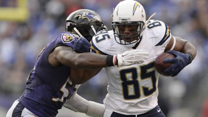 Nov 1, 2015; Baltimore, MD, USA; San Diego Chargers tight end Antonio Gates (85) runs as Baltimore Ravens inside linebacker C.J. Mosley (57) attempts to bring him down during the fourth quarter at M&T Bank Stadium. Baltimore Ravens defeated San Diego Chargers 29-26. Mandatory Credit: Tommy Gilligan-USA TODAY Sports
