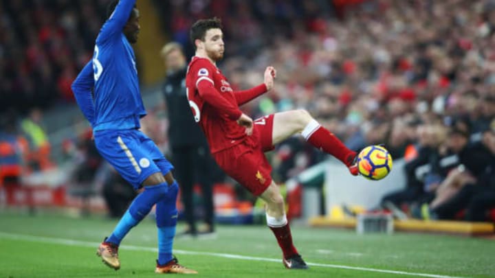 Andy Robertson of Liverpool is closed down by Daniel Amartey of Leicester City during the Premier League match between Liverpool and Leicester City at Anfield. (Pic by Clive Brunskill for Getty Images)