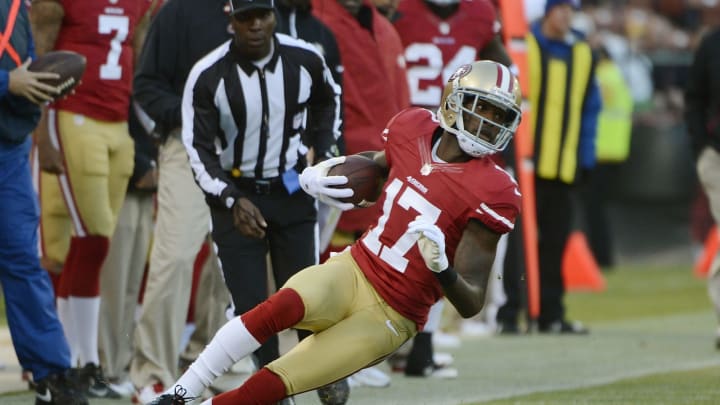 SAN FRANCISCO, CA – AUGUST 30: A.J. Jenkins #17 of the San Francisco 49ers slips out of bounds on a reverse play against the San Diego Chargers in the first quarter of an NFL pre-season football game at Candlestick Park on August 30, 2012 in San Francisco, California. (Photo by Thearon W. Henderson/Getty Images)