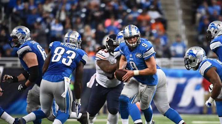 Oct 18, 2015; Detroit, MI, USA; Detroit Lions quarterback Matthew Stafford (9) during the game against the Chicago Bears at Ford Field. Mandatory Credit: Tim Fuller-USA TODAY Sports