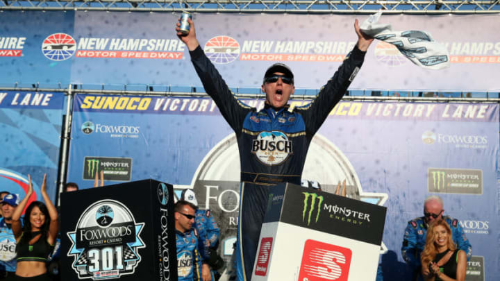 LOUDON, NEW HAMPSHIRE - JULY 21: Kevin Harvick, driver of the #4 Busch Beer/National Forest Foundation Ford, celebrates in Victory Lane after winning the Monster Energy NASCAR Cup Series Foxwoods Resort Casino 301 at New Hampshire Motor Speedway on July 21, 2019 in Loudon, New Hampshire. (Photo by Brian Lawdermilk/Getty Images)