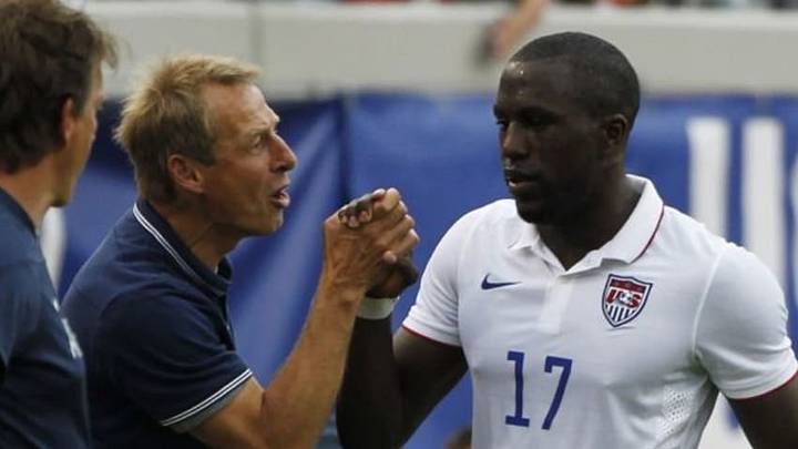 Jun 7, 2014; Jacksonville, FL, USA; United States forward Jozy Altidore (17) is congratulated by head coach Jurgen Klinsmann (hc) as he was taken out of the game against the Nigeria during the second half at EverBank Field. United States defeated Nigeria 2-1. Mandatory Credit: Kim Klement-USA TODAY Sports