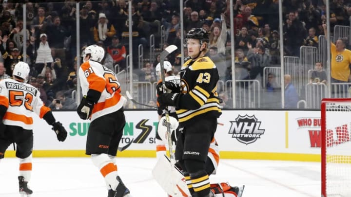 BOSTON, MA - NOVEMBER 10: Boston Bruins left wing Danton Heinan (43) reacts to his goal during a game between Boston Bruins and the Philadelphia Flyers on November 10, 2019, at TD Garden in Boston, Massachusetts. (Photo by Fred Kfoury III/Icon Sportswire via Getty Images)