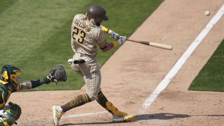 OAKLAND, CALIFORNIA - SEPTEMBER 05: Fernando Tatis Jr. #23 of the San Diego Padres bats against the Oakland Athletics in the top of the seventh inning at RingCentral Coliseum on September 05, 2020 in Oakland, California. (Photo by Thearon W. Henderson/Getty Images)