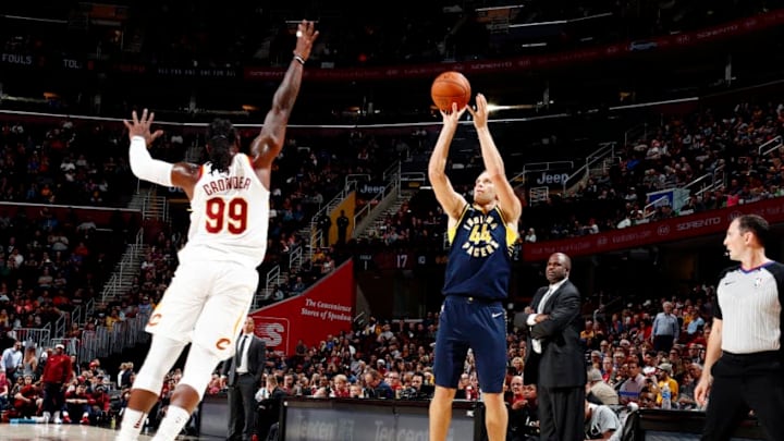 CLEVELAND, OH - OCTOBER 6: Bojan Bogdanovic #44 of the Indiana Pacers shoots the ball during the preseason game against the Cleveland Cavaliers on October 6, 2017 at Quicken Loans Arena in Cleveland, Ohio. NOTE TO USER: User expressly acknowledges and agrees that, by downloading and or using this Photograph, user is consenting to the terms and conditions of the Getty Images License Agreement. Mandatory Copyright Notice: Copyright 2017 NBAE (Photo by Nathaniel S. Butler/NBAE via Getty Images)