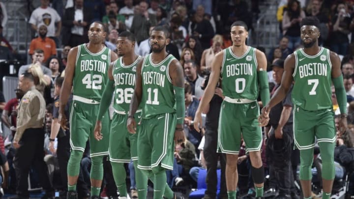 CLEVELAND, OH - OCTOBER 17: Al Horford #42, Marcus Smart #36, Kyrie Irving #11, Jayson Tatum #0 and Jaylen Brown #7 of the Boston Celtics during the game against the Cleveland Cavaliers on October 17, 2017 at Quicken Loans Arena in Cleveland, Ohio. NOTE TO USER: User expressly acknowledges and agrees that, by downloading and or using this Photograph, user is consenting to the terms and conditions of the Getty Images License Agreement. Mandatory Copyright Notice: Copyright 2017 NBAE (Photo by David Liam Kyle/NBAE via Getty Images)