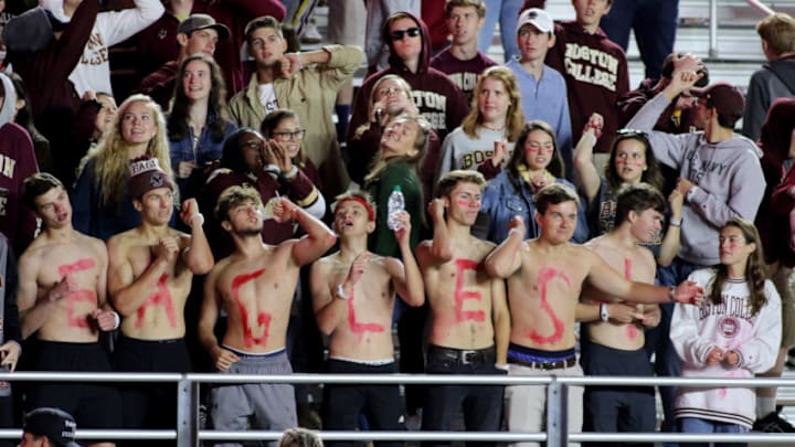 CHESTNUT HILL, MA - SEPTEMBER 13: A group of Boston College fans enjoying the Boston College vs. Kansas University Game at Boston College Alumni Stadium in Chestnut Hill, MA on September 13, 2019. (Photo by Malcolm Hope/Icon Sportswire via Getty Images)