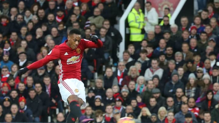 MANCHESTER, ENGLAND - DECEMBER 11: Anthony Martial of Manchester United has a shot on goal during the Premier League match between Manchester United and Tottenham Hotspur at Old Trafford on December 11, 2016 in Manchester, England. (Photo by Matthew Peters/Man Utd via Getty Images)