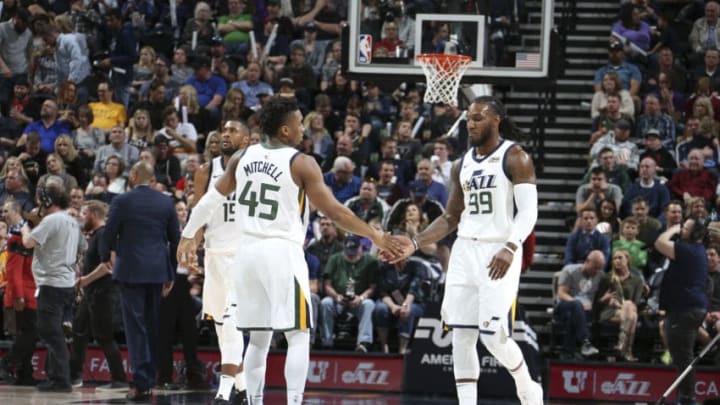 SALT LAKE CITY, UT - MARCH 30: Donovan Mitchell #45 and Jae Crowder #99 of the Utah Jazz react during game against the Memphis Grizzlies on March 30, 2018 at vivint.SmartHome Arena in Salt Lake City, Utah. NOTE TO USER: User expressly acknowledges and agrees that, by downloading and or using this Photograph, User is consenting to the terms and conditions of the Getty Images License Agreement. Mandatory Copyright Notice: Copyright 2018 NBAE (Photo by Melissa Majchrzak/NBAE via Getty Images)
