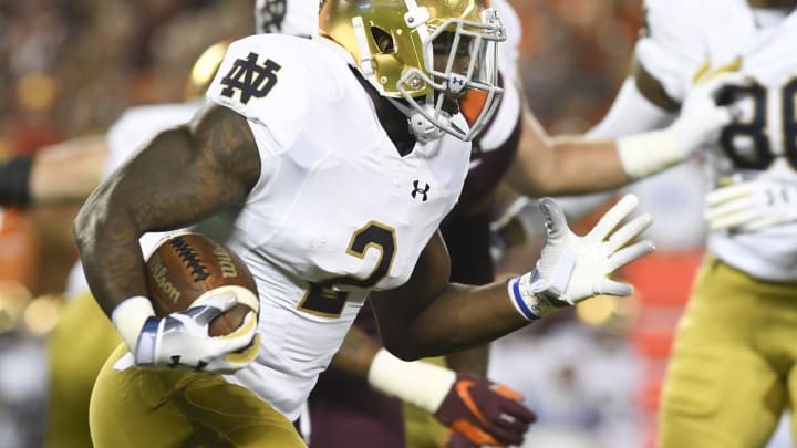 BLACKSBURG, VA – OCTOBER 6: Running back Dexter Williams #2 of the Notre Dame Fighting Irish rushes against the Virginia Tech Hokies in the first half at Lane Stadium on October 6, 2018 in Blacksburg, Virginia. (Photo by Michael Shroyer/Getty Images)