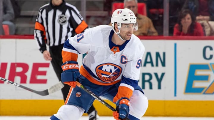 DETROIT, MI - APRIL 07: John Tavares #91 of the New York Islanders follows the play against the Detroit Red Wings during an NHL game at Little Caesars Arena on April 7, 2018 in Detroit, Michigan. The Islanders defeated the Wings 4-3 in overtime. (Photo by Dave Reginek/NHLI via Getty Images) *** Local Caption *** John Tavares