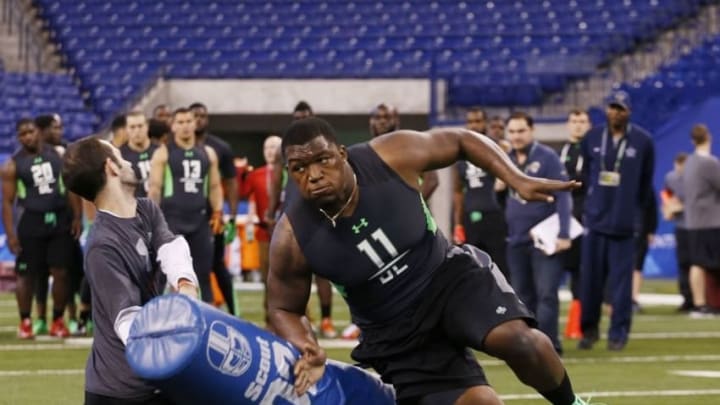 Feb 28, 2016; Indianapolis, IN, USA; UCLA Bruins defensive lineman Kenny Clark participates in the workout drills during the 2016 NFL Scouting Combine at Lucas Oil Stadium. Mandatory Credit: Brian Spurlock-USA TODAY Sports