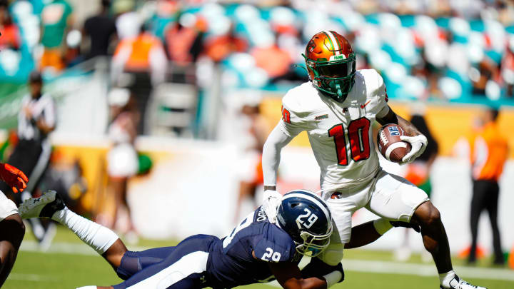 Sep 4, 2022; Miami, Florida, US; Florida A&M Rattlers defensive back Yirmyah Yirmyah (29) tackles Jackson State Tigers wide receiver Willie Gaines (10) during the second quarter at Hard Rock Stadium. Mandatory Credit: Rich Storry-USA TODAY Sports