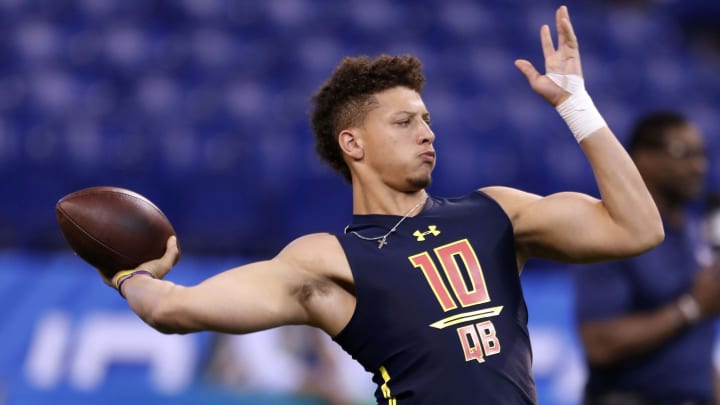 Mar 4, 2017; Indianapolis, IN, USA; Texas Tech quarterback Patrick Mahomes throws a pass during the 2017 NFL Combine at Lucas Oil Stadium. Mandatory Credit: Brian Spurlock-USA TODAY Sports