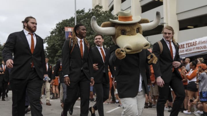 AUSTIN, TX - SEPTEMBER 22: Texas Longhorns mascot Hook 'Em leads the team to the stadium prior to the game against the TCU Horned Frogs at Darrell K Royal-Texas Memorial Stadium on September 22, 2018 in Austin, Texas. (Photo by Tim Warner/Getty Images)