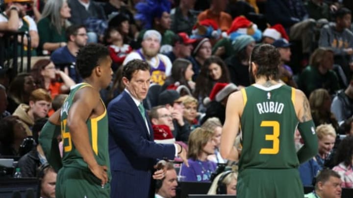 SALT LAKE CITY, UT – DECEMBER 25: Donovan Mitchell #45 Head Coach Quin Snyder and Ricky Rubio #3 of the Utah Jazz huddle up against the Portland Trail Blazers on December 25, 2018 at vivint.SmartHome Arena in Salt Lake City, Utah. NOTE TO USER: User expressly acknowledges and agrees that, by downloading and or using this Photograph, User is consenting to the terms and conditions of the Getty Images License Agreement. Mandatory Copyright Notice: Copyright 2018 NBAE (Photo by Melissa Majchrzak/NBAE via Getty Images)