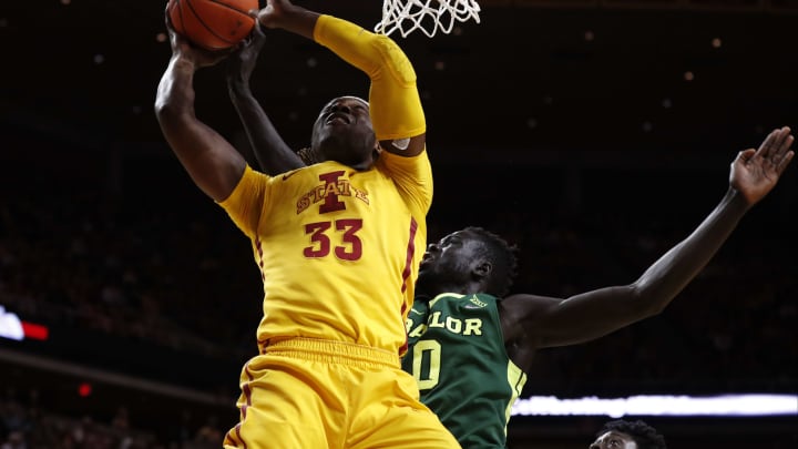AMES, IA – FEBRUARY 25: Solomon Young #33 of the Iowa State Cyclones takes a shot as Jo Lual-Acuil Jr. #0 of the Baylor Bears blocks in the first half of play at Hilton Coliseum on February 25, 2017 in Ames, Iowa. (Photo by David Purdy/Getty Images)