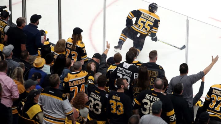 BOSTON, MASSACHUSETTS - JUNE 06: Noel Acciari #55 of the Boston Bruins reacts to the third period goal by David Perron (not pictured) of the St. Louis Blues in Game Five of the 2019 NHL Stanley Cup Final at TD Garden on June 06, 2019 in Boston, Massachusetts. (Photo by Patrick Smith/Getty Images)