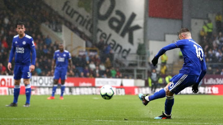 BURNLEY, ENGLAND - MARCH 16: James Maddison of Leicester City scores his team's first goal during the Premier League match between Burnley FC and Leicester City at Turf Moor on March 16, 2019 in Burnley, United Kingdom. (Photo by Jan Kruger/Getty Images)