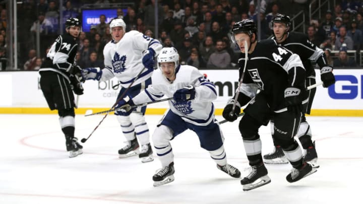 LOS ANGELES, CALIFORNIA - MARCH 05: Mikey Anderson #44 of the Los Angeles Kings skates against Denis Malgin #62 of the Toronto Maple Leafs during the third period at Staples Center on March 05, 2020 in Los Angeles, California. (Photo by Katelyn Mulcahy/Getty Images)
