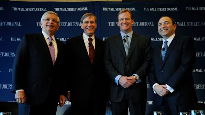 NBA Commissioner David Stern, MLB Commissioner Bud Selig, NFL Commissioner Roger Goodell and NHL Commissioner Gary Bettman pose for a photograph before participating in a panel discussion in New York, May 6, 2009. (Photo by Jeff Zelevansky/Icon SMI/Corbis via Getty Images)