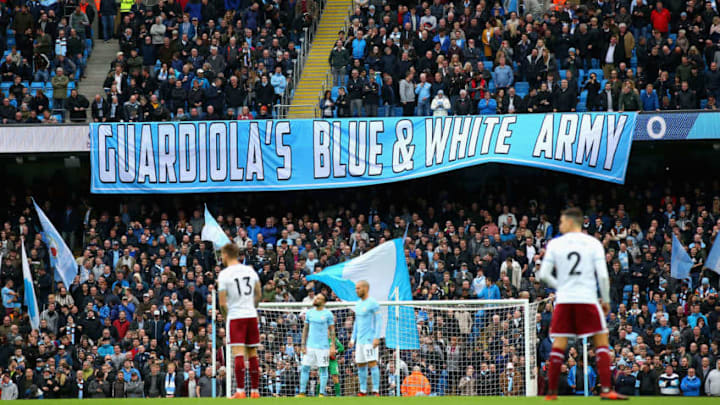 MANCHESTER, ENGLAND - OCTOBER 21: Manchester City fans display a banner prior to the Premier League match between Manchester City and Burnley at Etihad Stadium on October 21, 2017 in Manchester, England. (Photo by Alex Livesey/Getty Images)