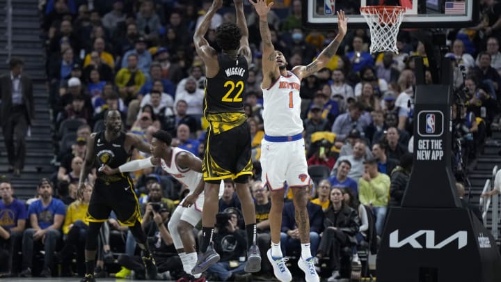 Golden State Warriors’ Andrew Wiggins shoots over Obi Toppin during a game at Chase Center on November 18, 2022.(Photo by Thearon W. Henderson/Getty Images)