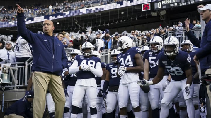 STATE COLLEGE, PA - NOVEMBER 30: Head coach James Franklin of the Penn State Nittany Lions leads his team onto the field before the game against the Rutgers Scarlet Knights at Beaver Stadium on November 30, 2019 in State College, Pennsylvania. (Photo by Scott Taetsch/Getty Images)