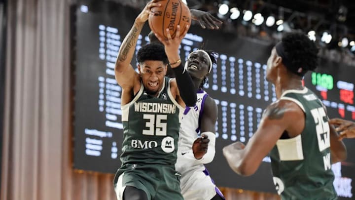 LAS VEGAS, NV - DECEMBER 22: Wenyen Gabriel #32 of the Stockton Kings and Christian Wood #35 of the Wisconsin Herd battle for a rebound during the NBA G League Winter Showcase at Mandalay Bay Events Center in Las Vegas, Nevada on December 22, 2018. NOTE TO USER: User expressly acknowledges and agrees that, by downloading and/or using this Photograph, user is consenting to the terms and conditions of the Getty Images License Agreement. Mandatory Copyright Notice: Copyright 2018 NBAE (Photo by David Becker/NBAE via Getty Images)