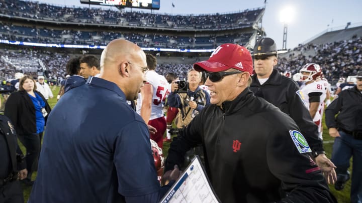 UNIVERSITY PARK, PA – SEPTEMBER 30: Head coach James Franklin of the Penn State Nittany Lions shakes hands with head coach Tom Allen of the Indiana Hoosiers after the game on September 30, 2017 at Beaver Stadium in University Park, Pennsylvania. Penn State defeats Indiana 45-14. (Photo by Brett Carlsen/Getty Images)