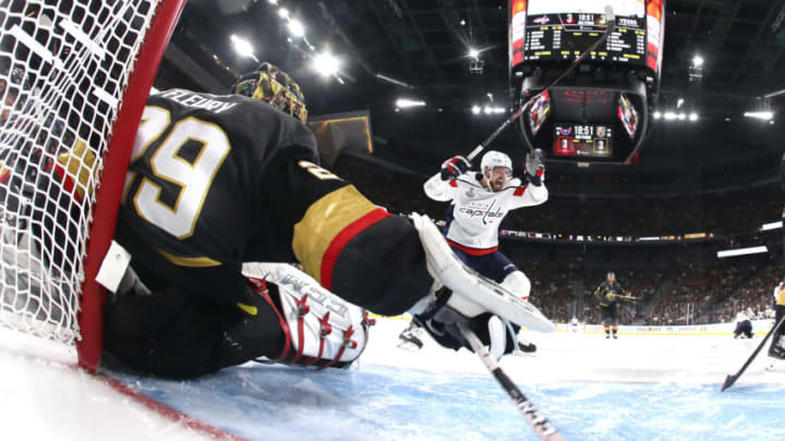 LAS VEGAS, NV - MAY 28: Tom Wilson #43 of the Washington Capitals scores a third-period goal past Marc-Andre Fleury #29 of the Vegas Golden Knights in Game One of the 2018 NHL Stanley Cup Final at T-Mobile Arena on May 28, 2018 in Las Vegas, Nevada. The Golden Knights defeated the Capitals 6-4. (Photo by Harry How/Getty Images)